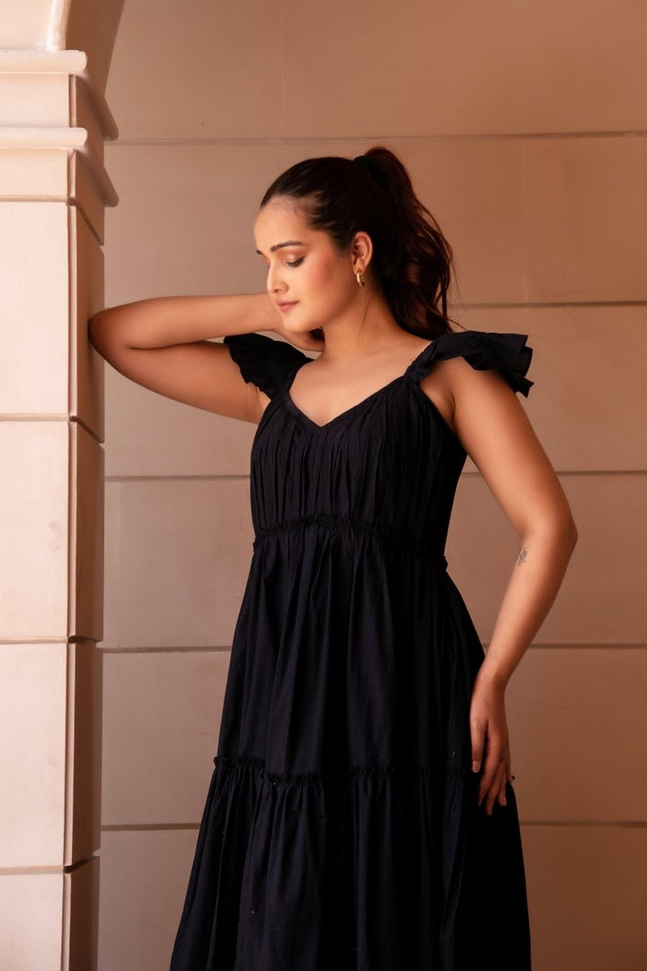 SUNHARI COTTON BLACK TIERED DRESS - Pomcha Jaipur