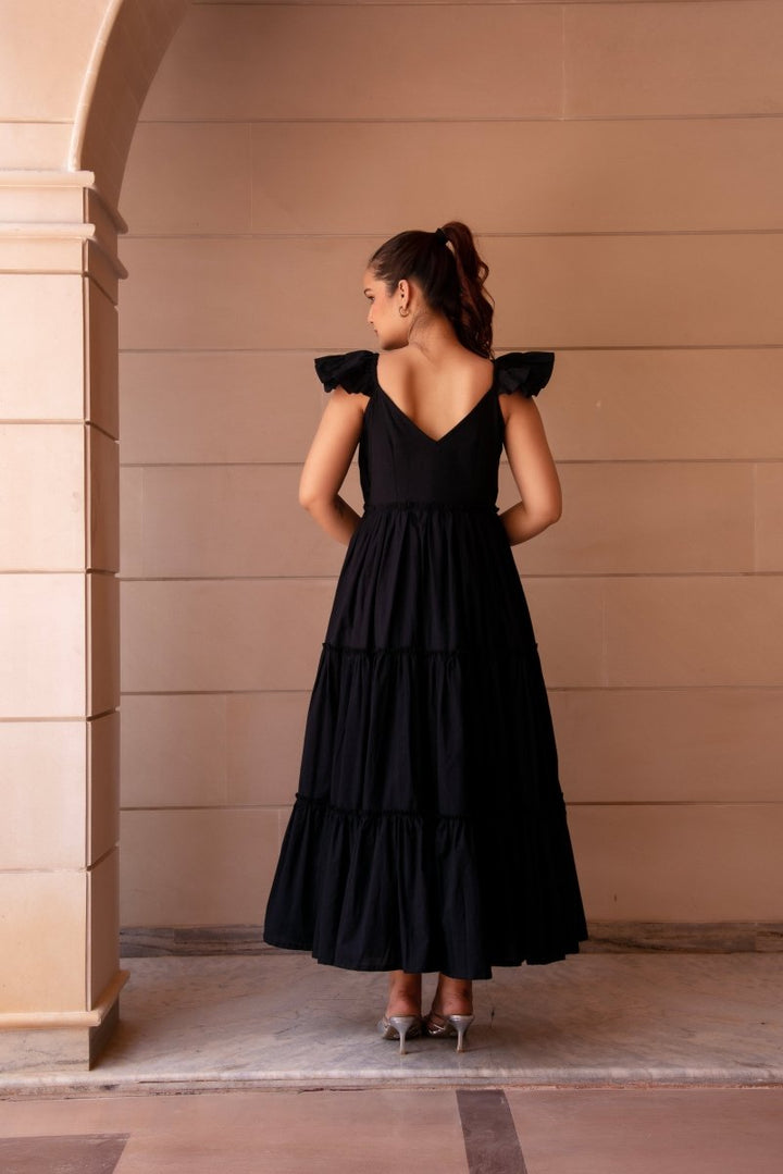 SUNHARI COTTON BLACK TIERED DRESS - Pomcha Jaipur