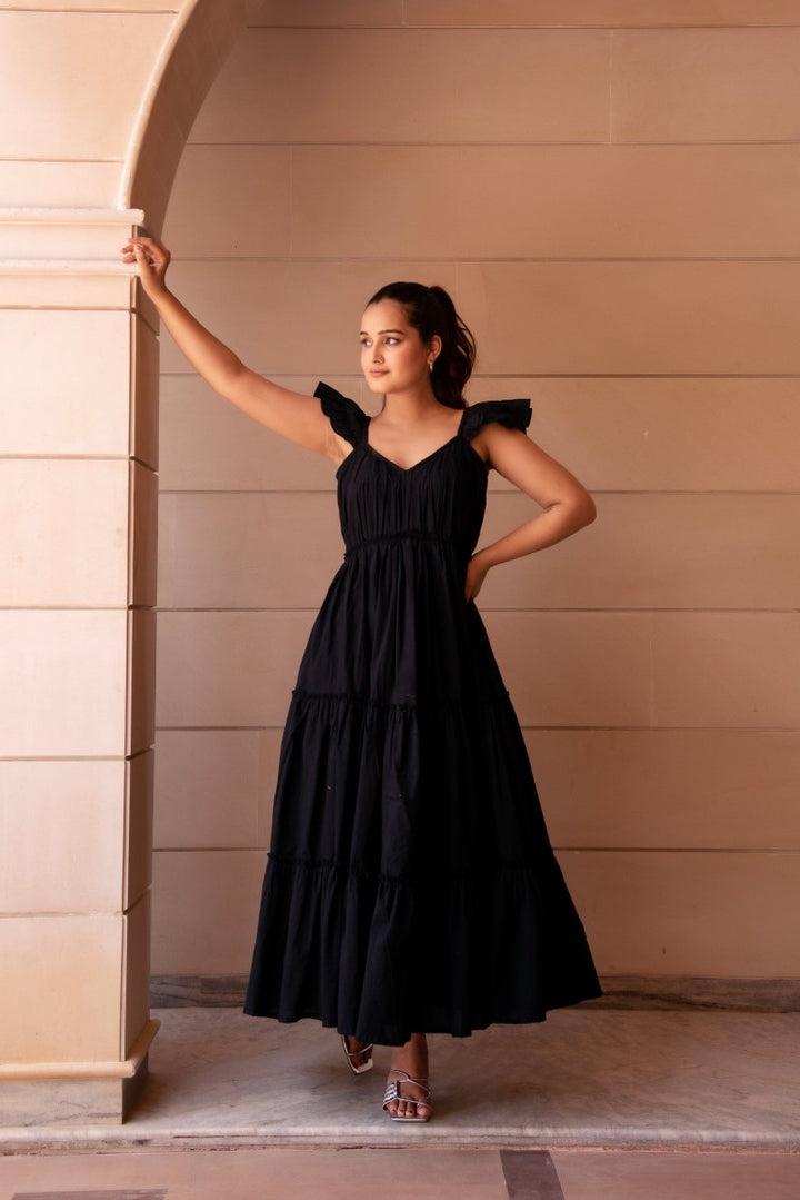 SUNHARI COTTON BLACK TIERED DRESS - Pomcha Jaipur