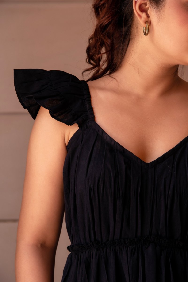 SUNHARI COTTON BLACK TIERED DRESS - Pomcha Jaipur