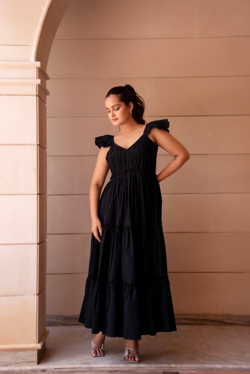 SUNHARI COTTON BLACK TIERED DRESS - Pomcha Jaipur