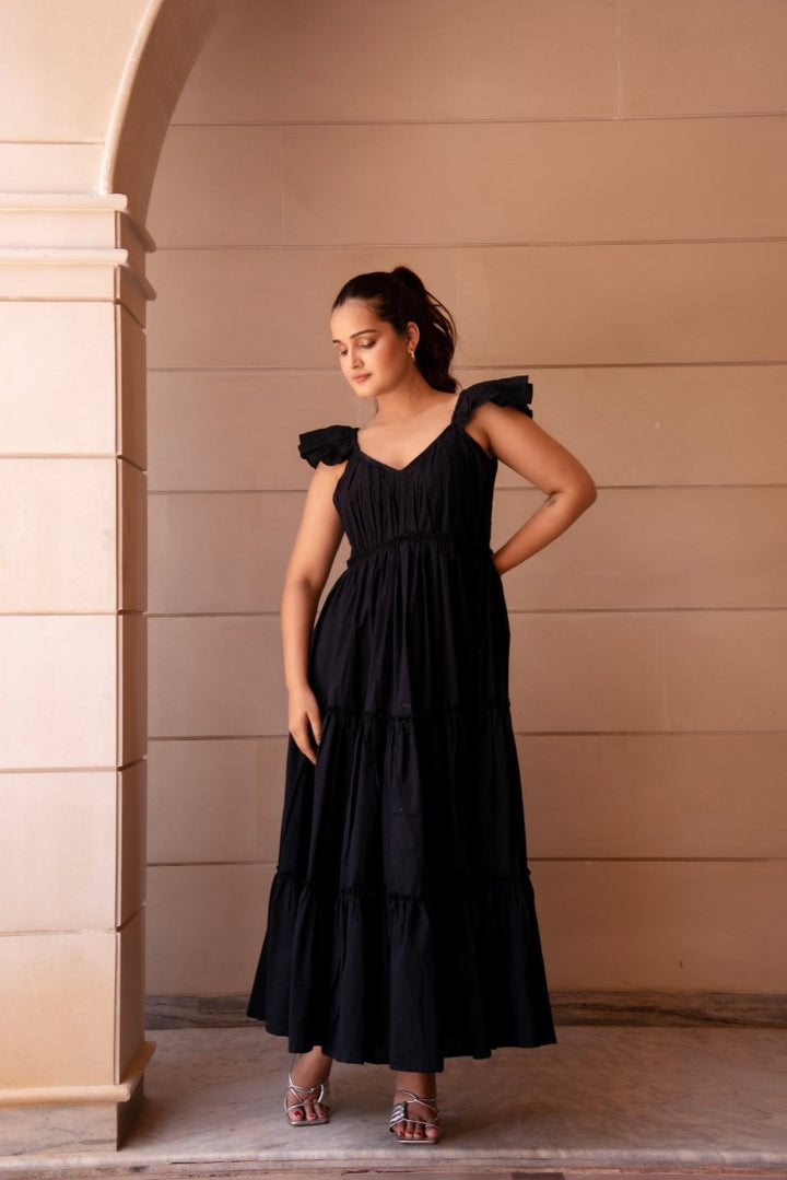 SUNHARI COTTON BLACK TIERED DRESS - Pomcha Jaipur