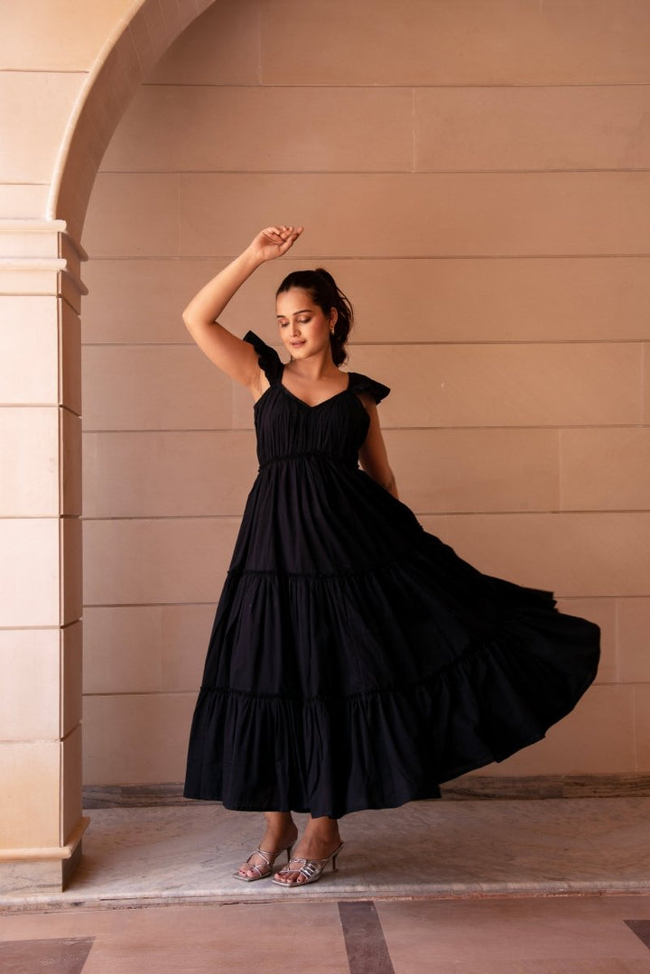 SUNHARI COTTON BLACK TIERED DRESS - Pomcha Jaipur