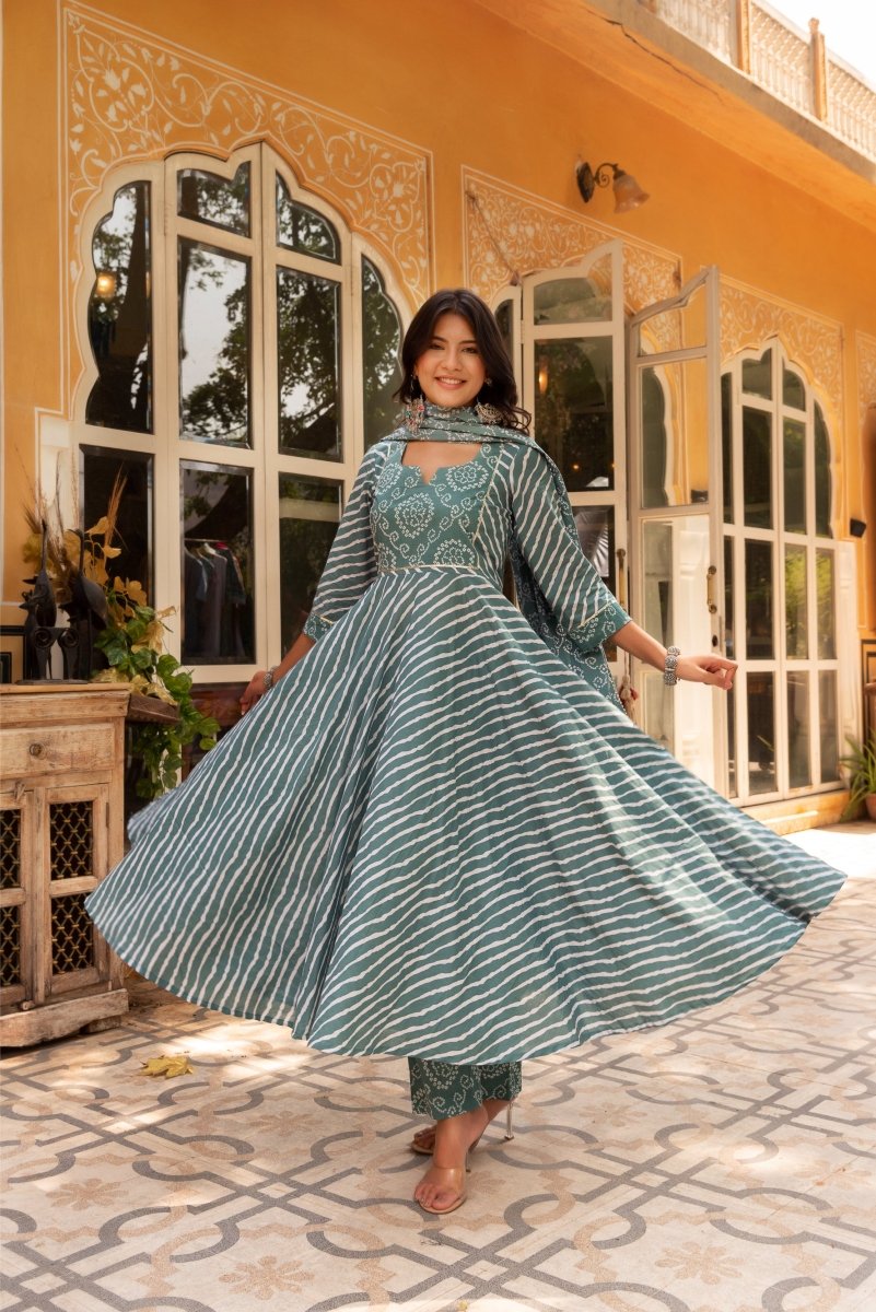 SUNHARI COTTON LEHERIYA AND BHANDEJ ANARKALI SET WITH COTTON DUPATTA - Pomcha Jaipur