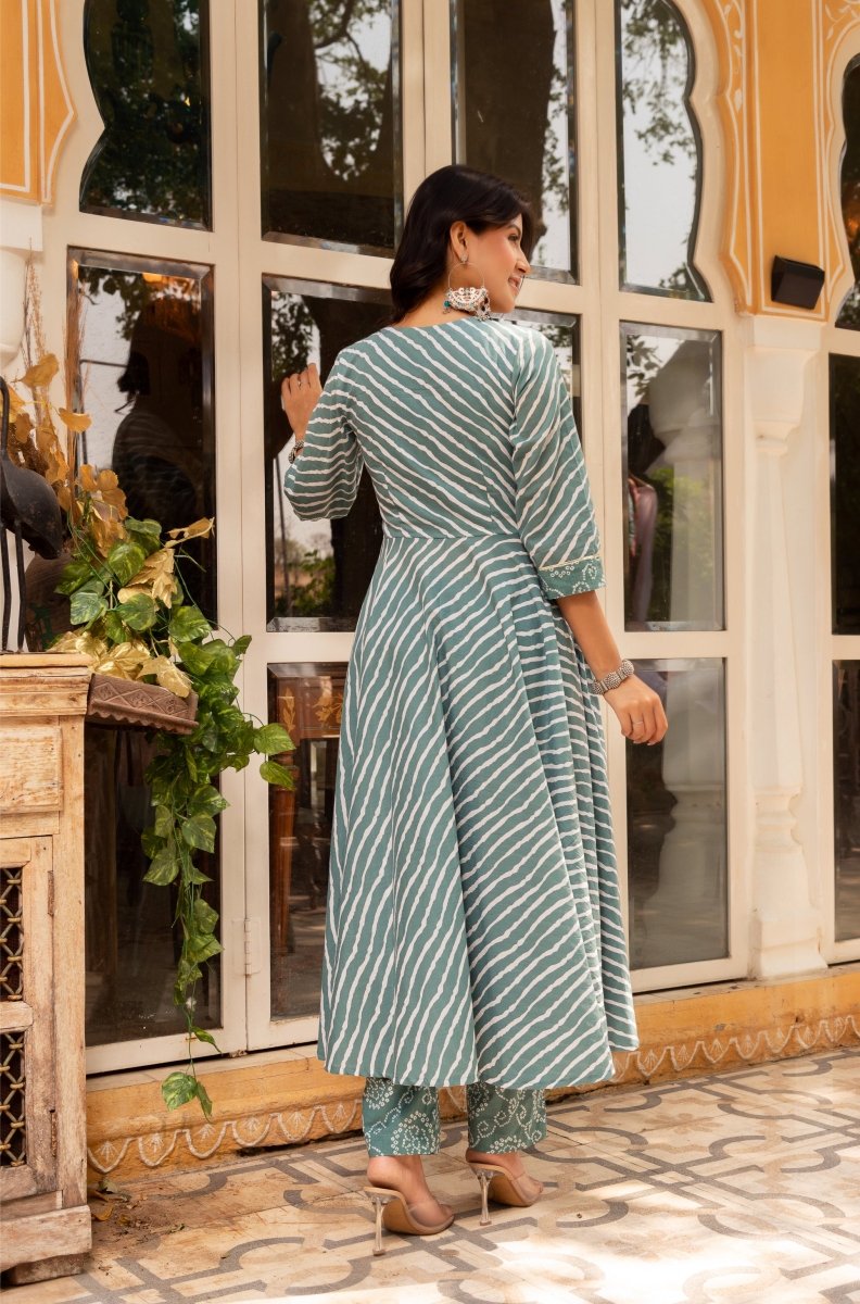 SUNHARI COTTON LEHERIYA AND BHANDEJ ANARKALI SET WITH COTTON DUPATTA - Pomcha Jaipur