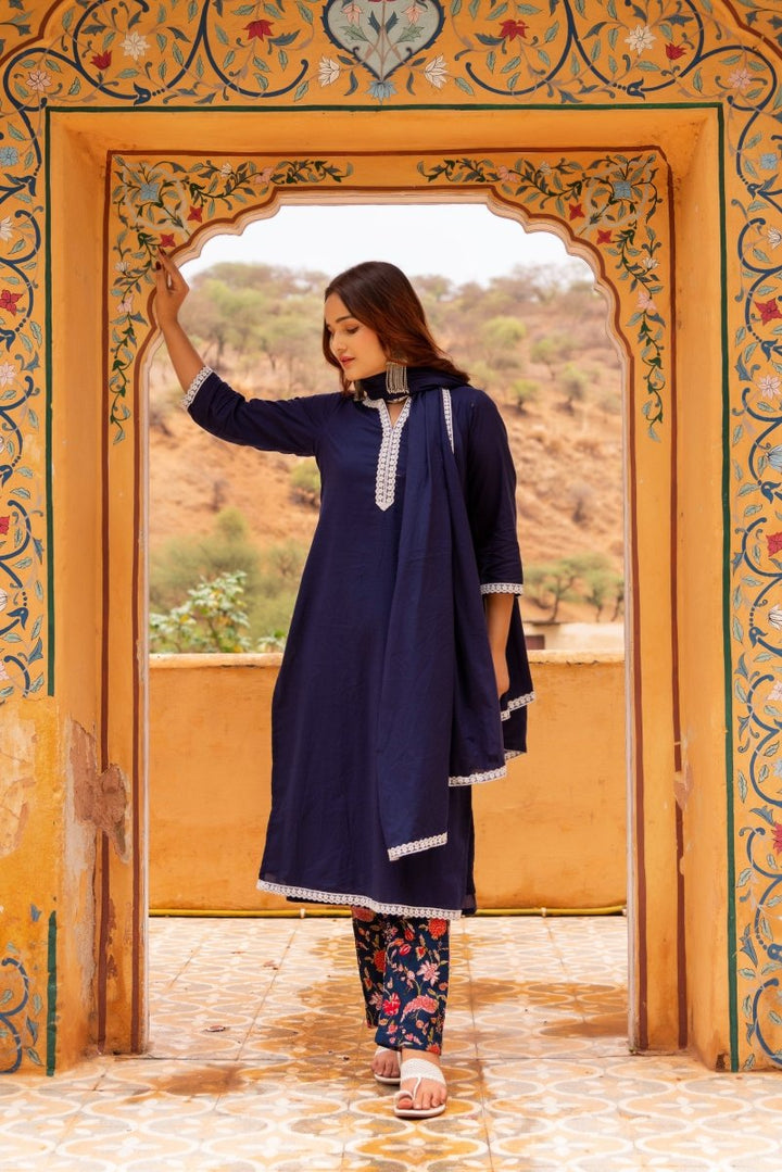 SUNHARI DARK BLUE COTTON EMBROIDERY SUIT SET WITH PRINTED COTTON PANTS AND COTTON DUPATTA - Pomcha Jaipur