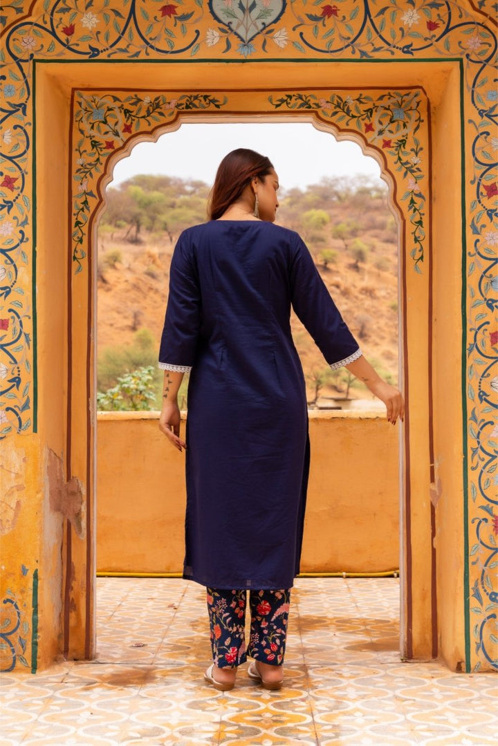 SUNHARI DARK BLUE COTTON EMBROIDERY SUIT SET WITH PRINTED COTTON PANTS AND COTTON DUPATTA - Pomcha Jaipur