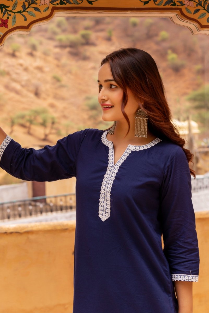 SUNHARI DARK BLUE COTTON EMBROIDERY SUIT SET WITH PRINTED COTTON PANTS AND COTTON DUPATTA - Pomcha Jaipur