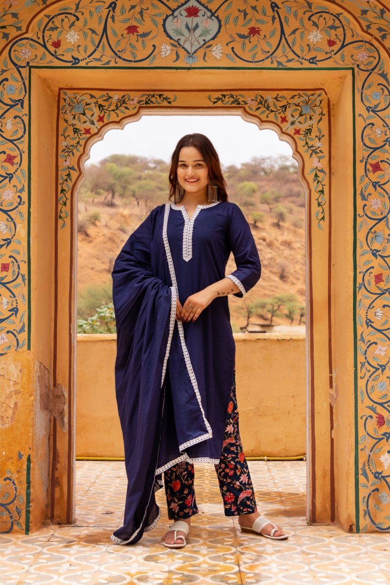 SUNHARI DARK BLUE COTTON EMBROIDERY SUIT SET WITH PRINTED COTTON PANTS AND COTTON DUPATTA - Pomcha Jaipur