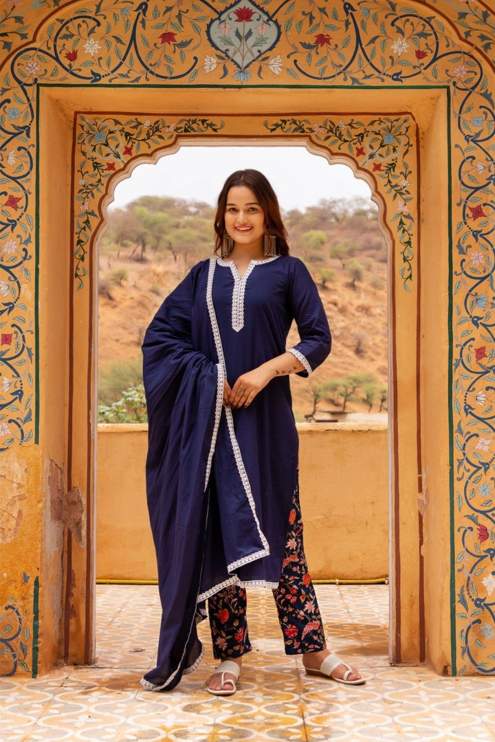 SUNHARI DARK BLUE COTTON EMBROIDERY SUIT SET WITH PRINTED COTTON PANTS AND COTTON DUPATTA - Pomcha Jaipur