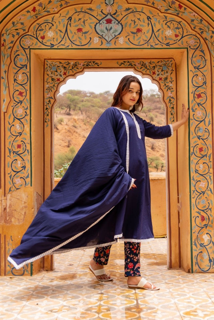 SUNHARI DARK BLUE COTTON EMBROIDERY SUIT SET WITH PRINTED COTTON PANTS AND COTTON DUPATTA - Pomcha Jaipur