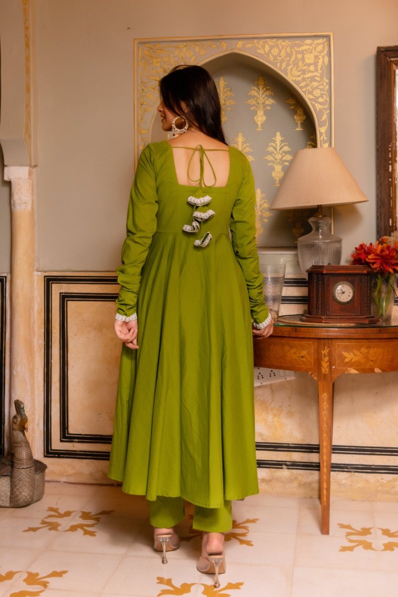 SUNHARI GREEN COTTON EMBROIDERY ANARKALI SET WITH COTTON EMBROIDERED DUPATTA - Pomcha Jaipur