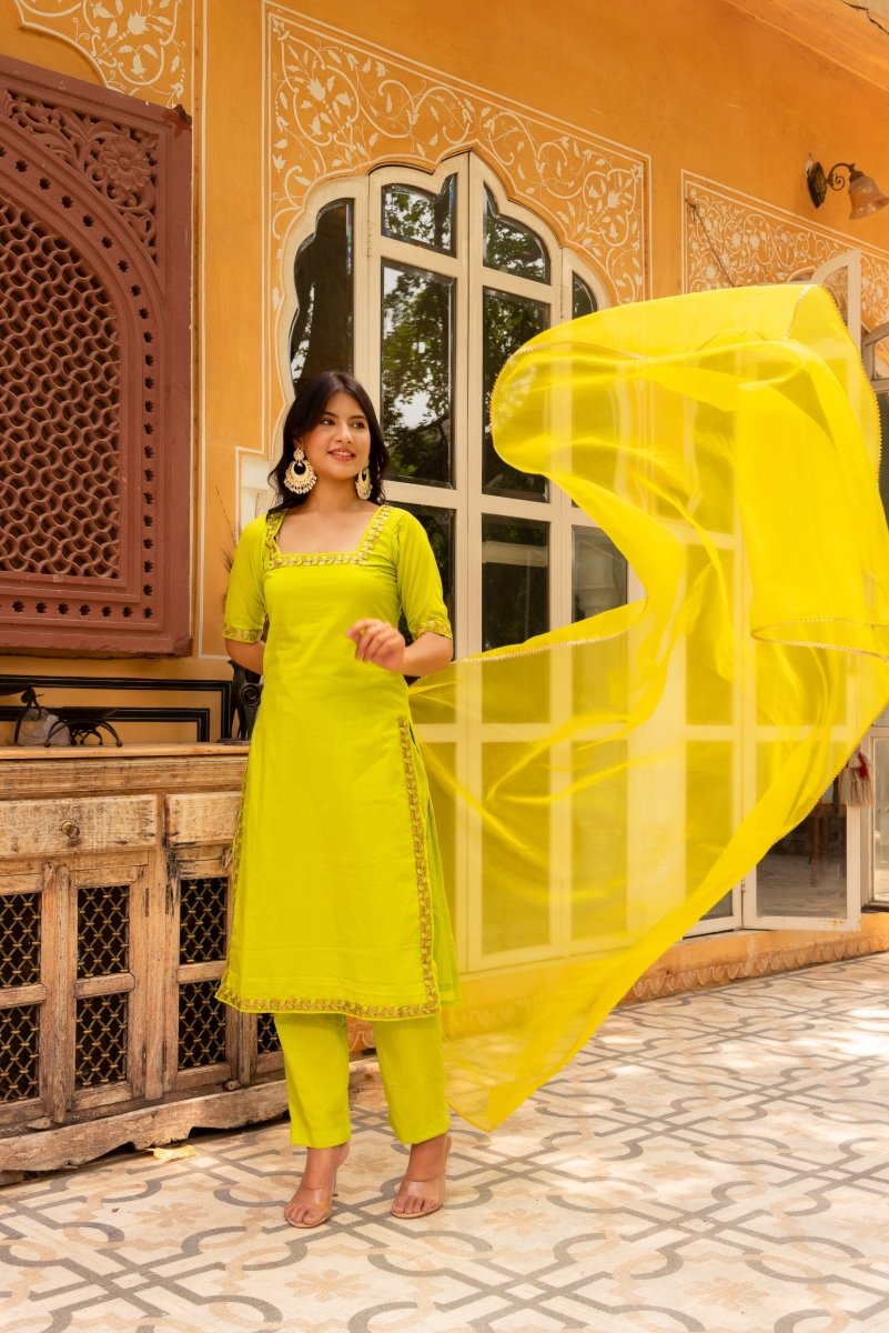 SUNHARI GREEN COTTON EMBROIDERY SUIT SET WITH SOFT NET DUPATTA - Pomcha Jaipur