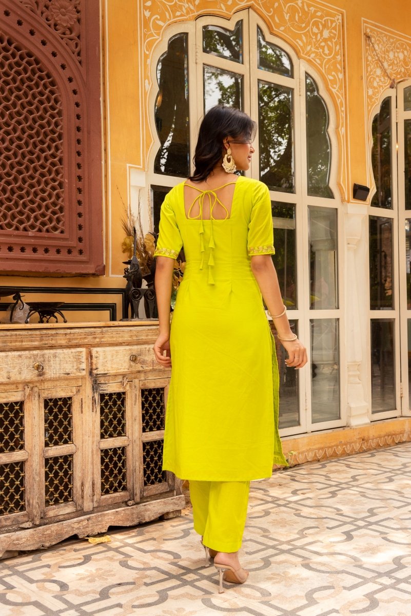 SUNHARI GREEN COTTON EMBROIDERY SUIT SET WITH SOFT NET DUPATTA - Pomcha Jaipur