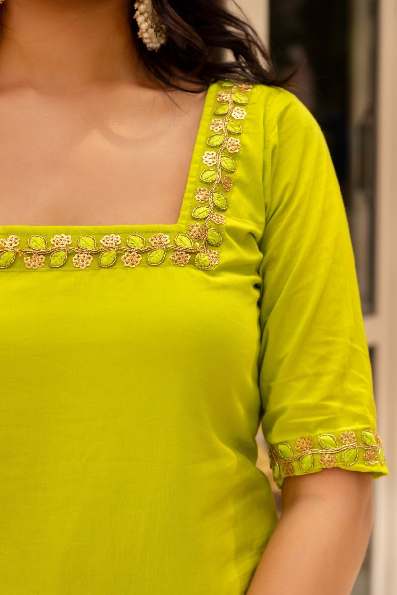 SUNHARI GREEN COTTON EMBROIDERY SUIT SET WITH SOFT NET DUPATTA - Pomcha Jaipur