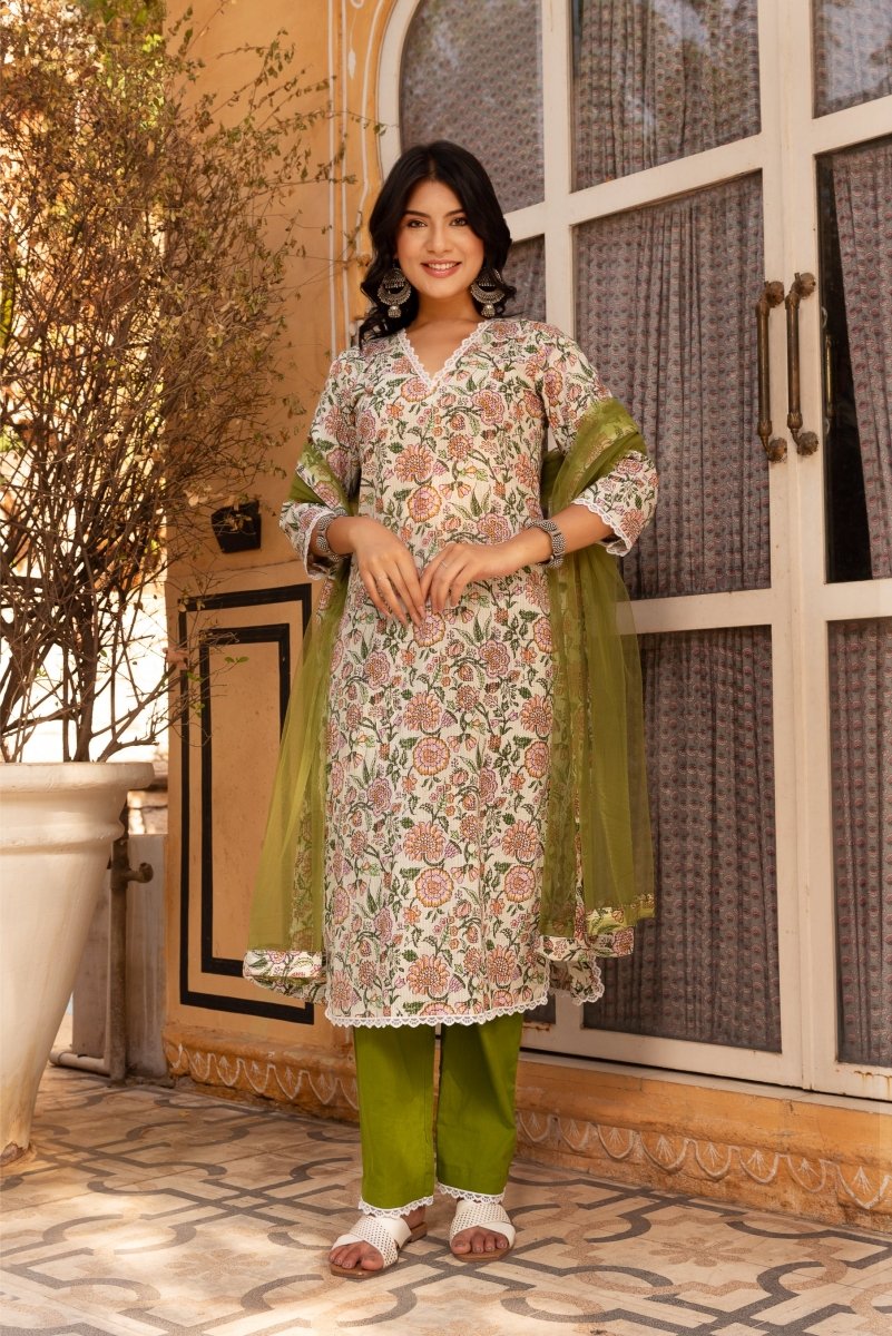 SUNHARI GREEN FLORAL PRINT COTTON SUIT SET WITH SOFT NET DUPATTA - Pomcha Jaipur