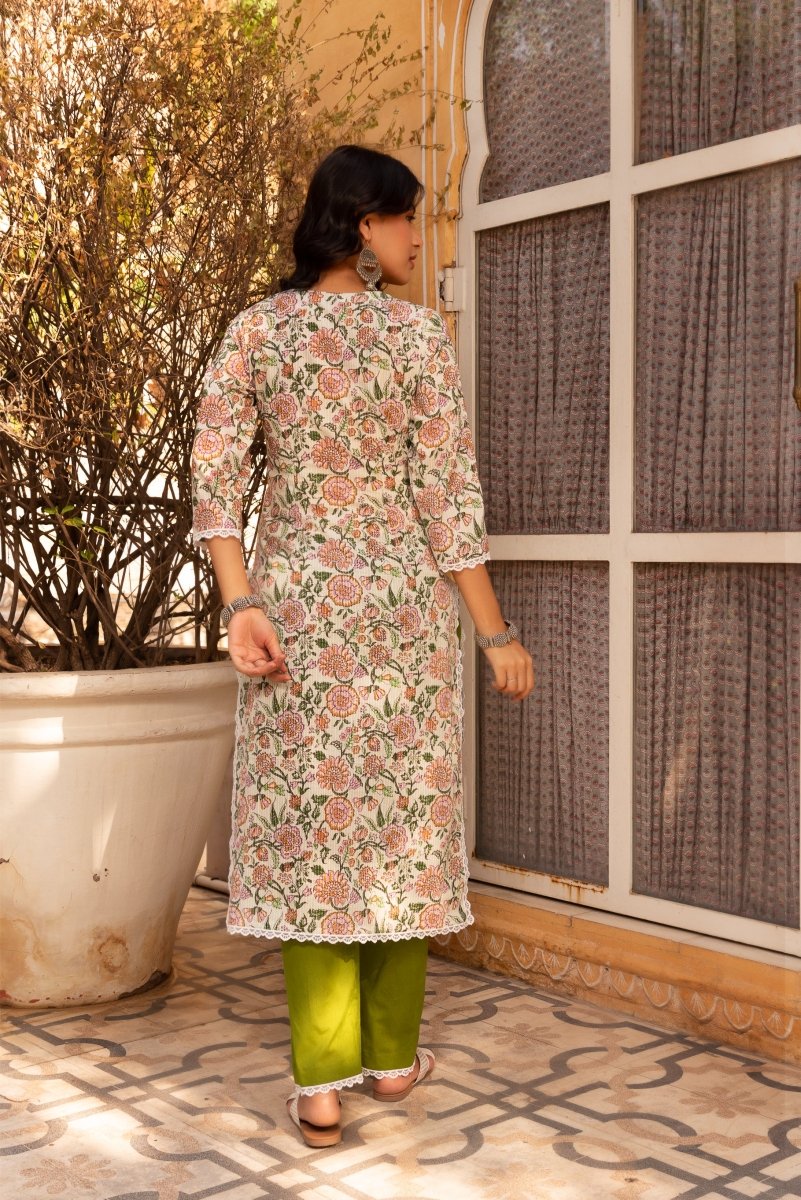 SUNHARI GREEN FLORAL PRINT COTTON SUIT SET WITH SOFT NET DUPATTA - Pomcha Jaipur