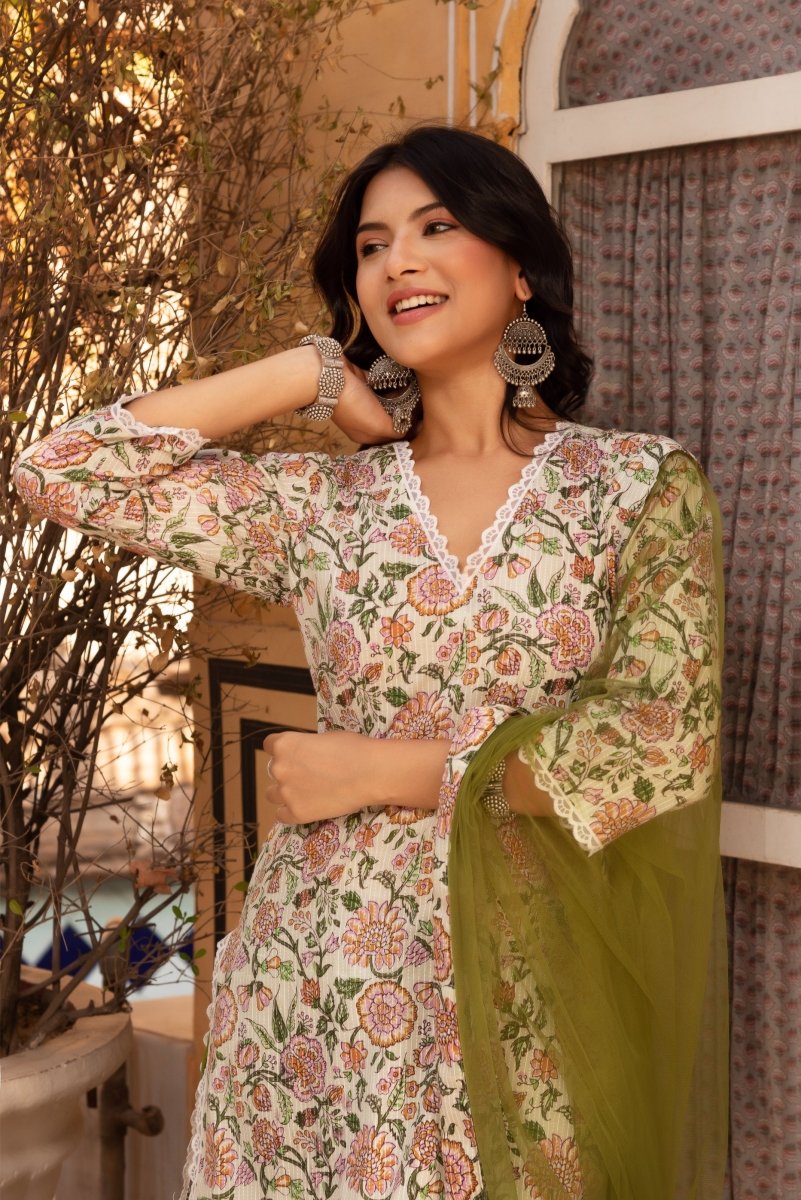 SUNHARI GREEN FLORAL PRINT COTTON SUIT SET WITH SOFT NET DUPATTA - Pomcha Jaipur