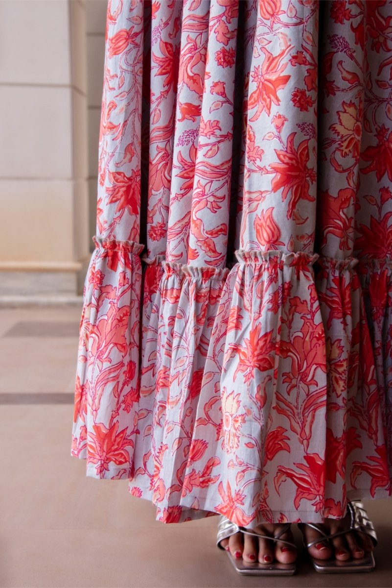 SUNHARI GREY COTTON HAND BLOCK PRINT ONE SHOULDER FRILL DRESS - Pomcha Jaipur