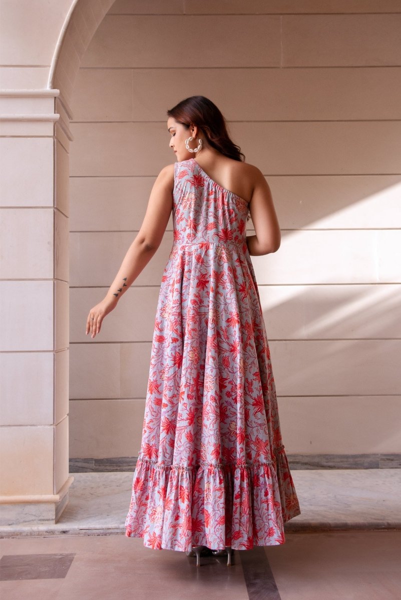 SUNHARI GREY COTTON HAND BLOCK PRINT ONE SHOULDER FRILL DRESS - Pomcha Jaipur