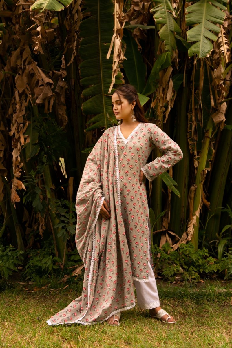 SUNHARI GREY PHOOL JAAL HAND BLOCK PRINT COTTON EMBROIDERY SUIT SET WITH COTTON DUPATTA - Pomcha Jaipur