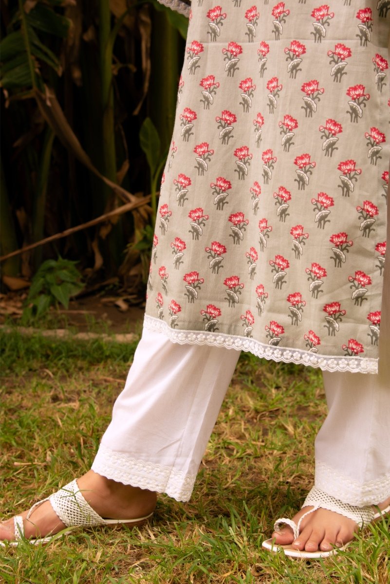 SUNHARI GREY PHOOL JAAL HAND BLOCK PRINT COTTON EMBROIDERY SUIT SET WITH COTTON DUPATTA - Pomcha Jaipur