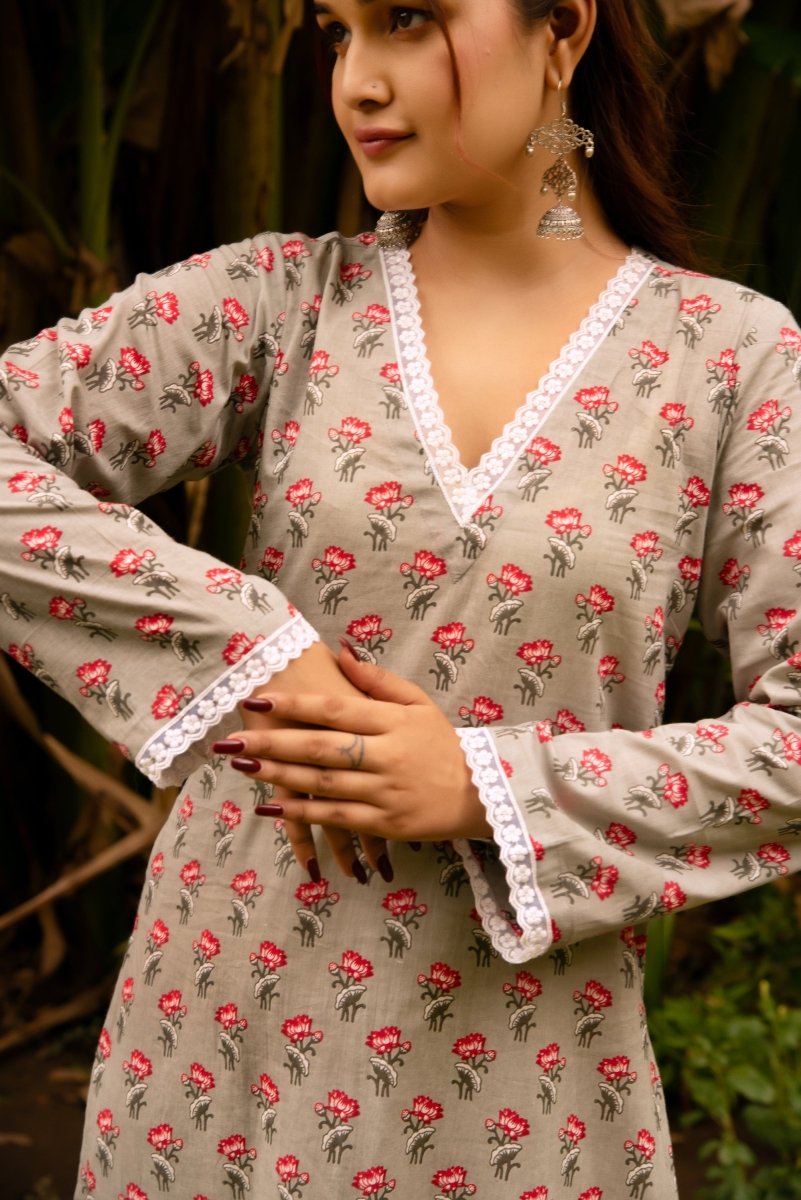 SUNHARI GREY PHOOL JAAL HAND BLOCK PRINT COTTON EMBROIDERY SUIT SET WITH COTTON DUPATTA - Pomcha Jaipur