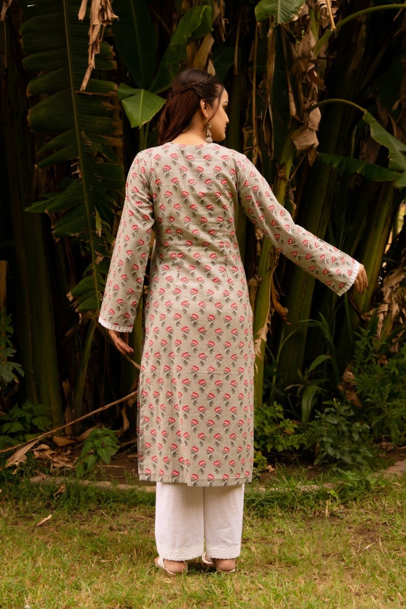 SUNHARI GREY PHOOL JAAL HAND BLOCK PRINT COTTON EMBROIDERY SUIT SET WITH COTTON DUPATTA - Pomcha Jaipur