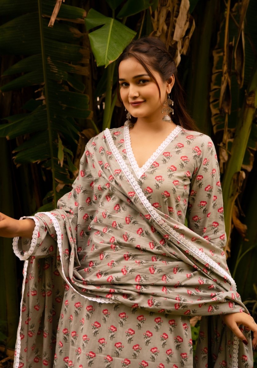SUNHARI GREY PHOOL JAAL HAND BLOCK PRINT COTTON EMBROIDERY SUIT SET WITH COTTON DUPATTA - Pomcha Jaipur