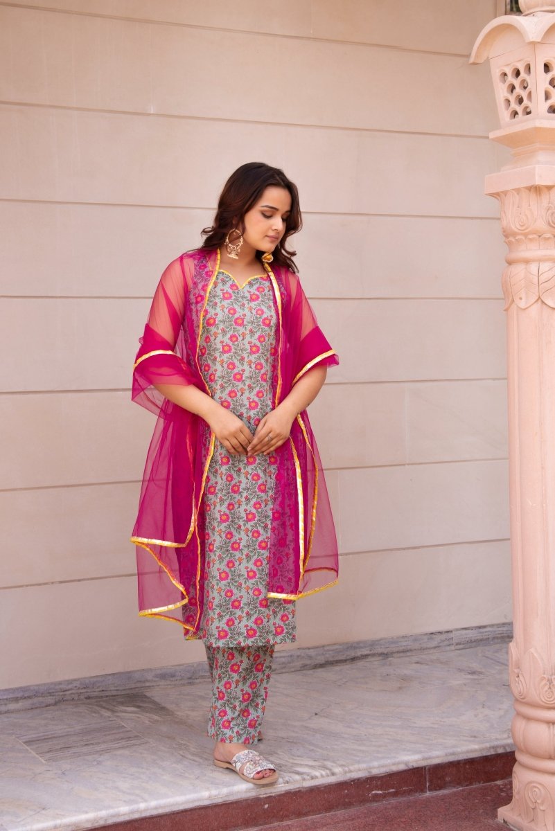 SUNHARI GREY PINK PHOOL JAAL COTTON HAND BLOCK SUIT SET WITH SOFT NET DUPATTA - Pomcha Jaipur