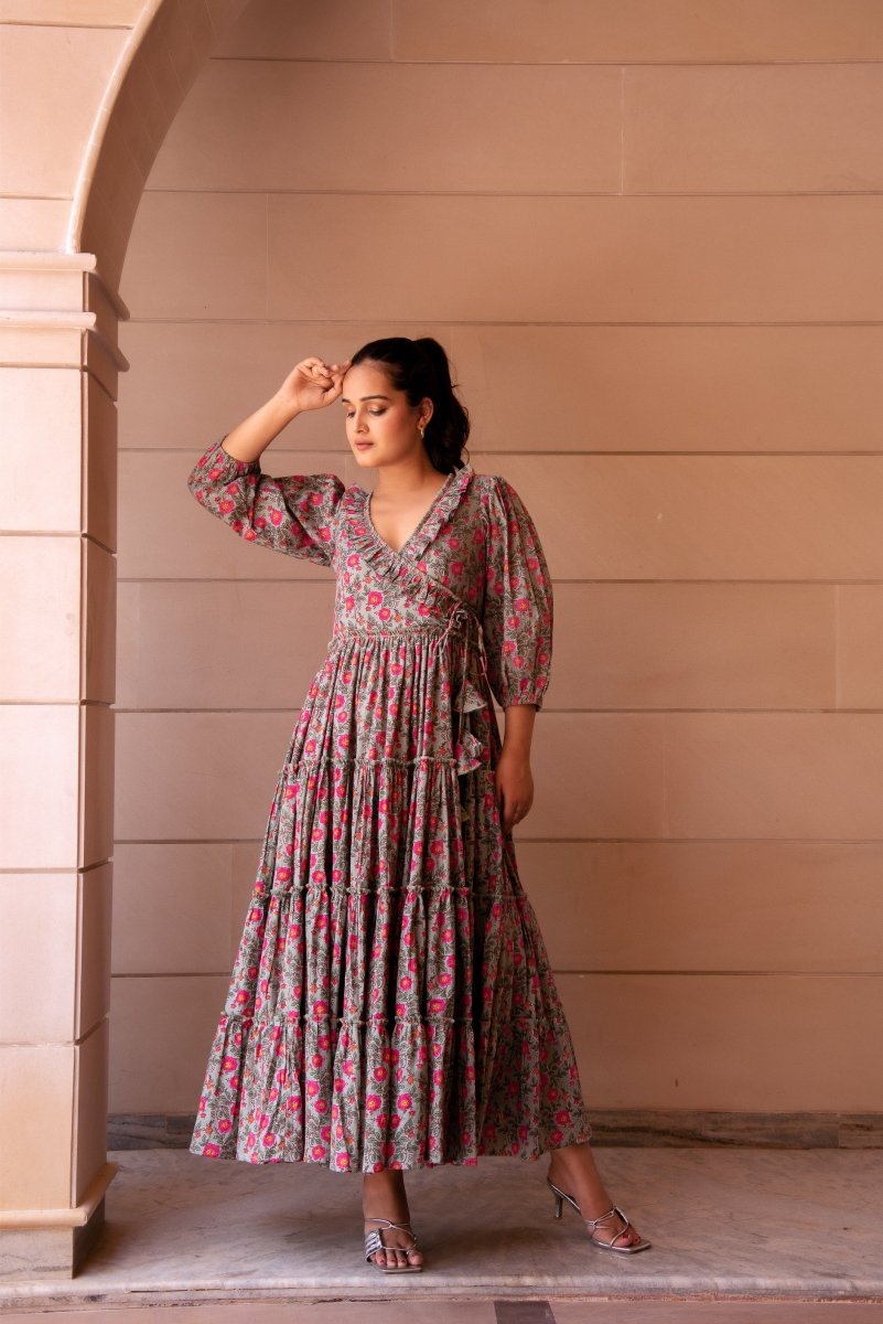 SUNHARI GREY PINK PHOOL JAAL TIERED COTTON HAND BLOCK LONG DRESS - Pomcha Jaipur