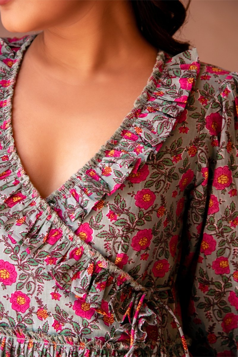 SUNHARI GREY PINK PHOOL JAAL TIERED COTTON HAND BLOCK LONG DRESS - Pomcha Jaipur