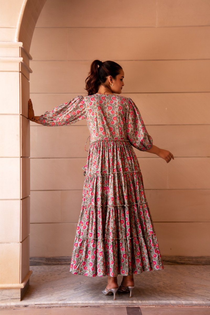 SUNHARI GREY PINK PHOOL JAAL TIERED COTTON HAND BLOCK LONG DRESS - Pomcha Jaipur