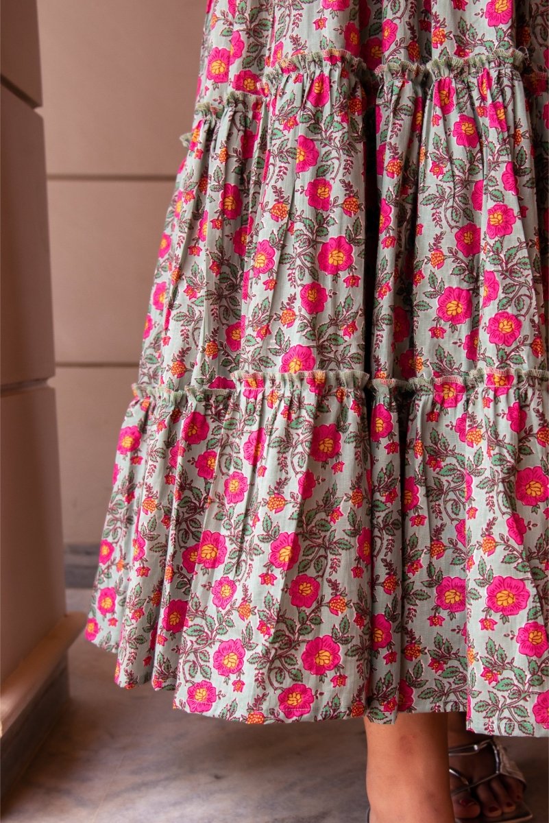 SUNHARI GREY PINK PHOOL JAAL TIERED COTTON HAND BLOCK LONG DRESS - Pomcha Jaipur