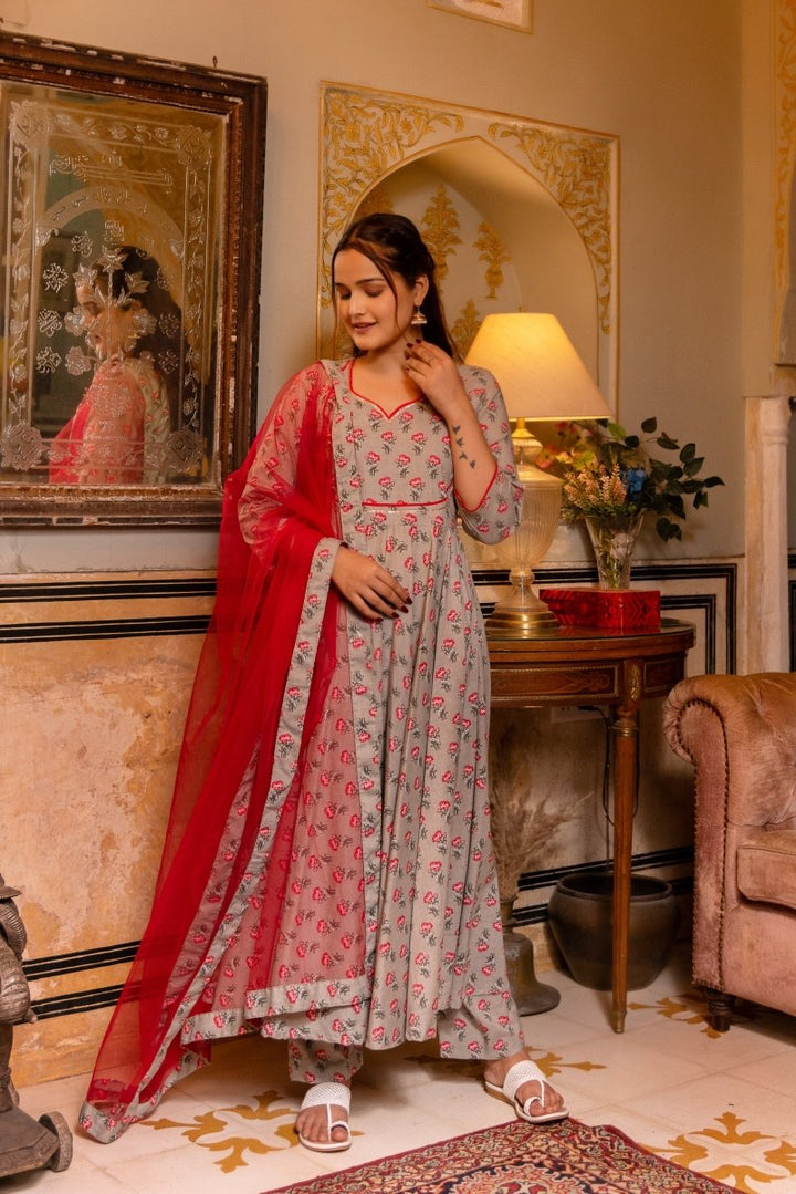 SUNHARI GREY RED COTTON HAND BLOCK PRINT ANARKALI SET WITH SOFT NET DUPATTA - Pomcha Jaipur