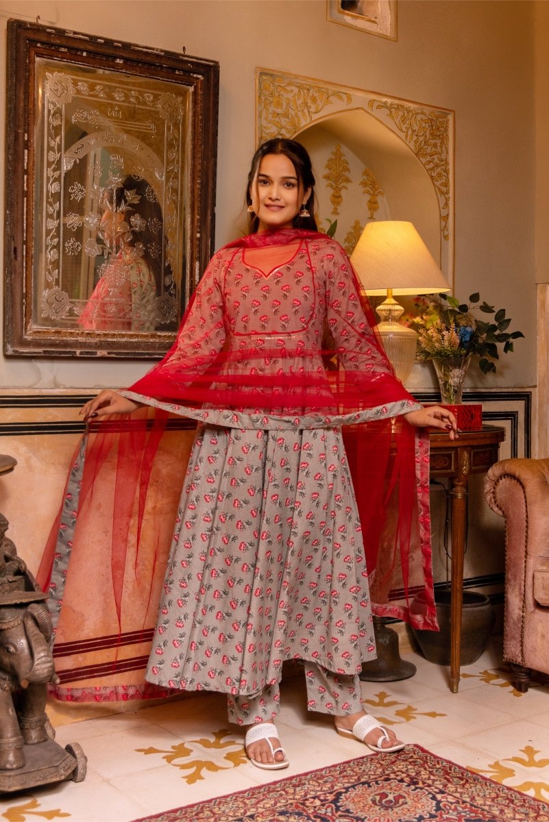 SUNHARI GREY RED COTTON HAND BLOCK PRINT ANARKALI SET WITH SOFT NET DUPATTA - Pomcha Jaipur
