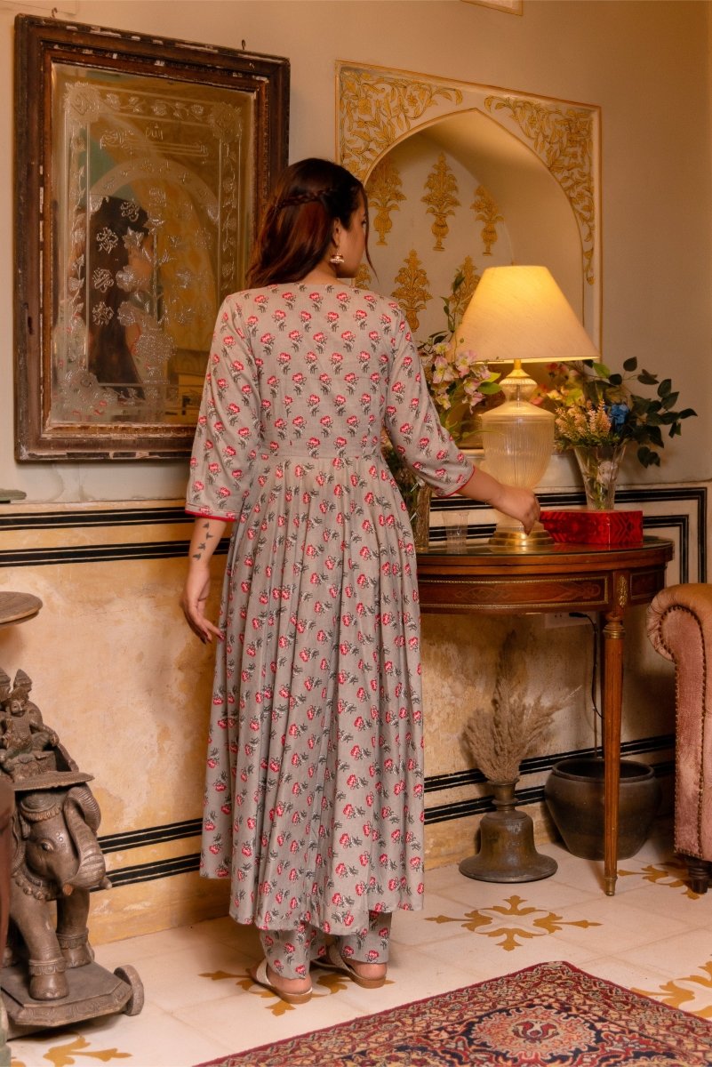 SUNHARI GREY RED COTTON HAND BLOCK PRINT ANARKALI SET WITH SOFT NET DUPATTA - Pomcha Jaipur