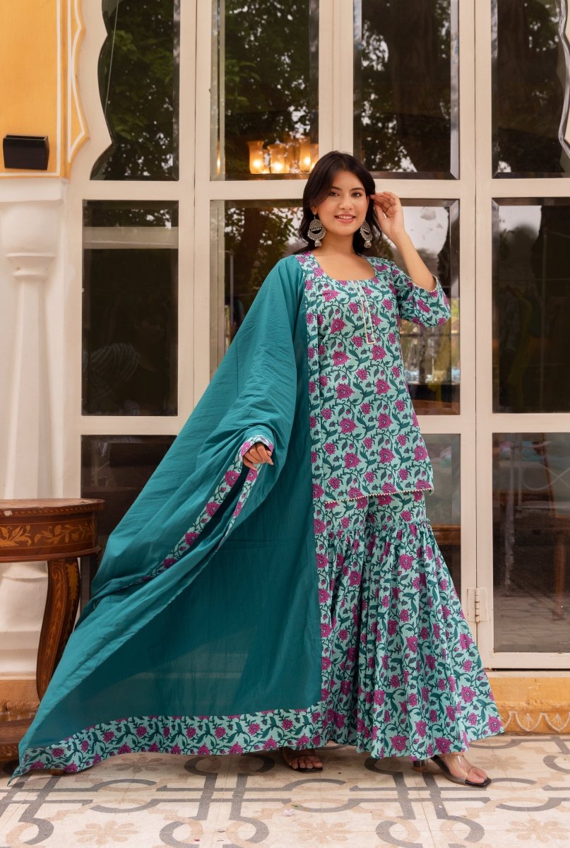 SUNHARI HAND BLOCK PRINT COTTON SHARARA SET WITH COTTON DUPATTA - Pomcha Jaipur