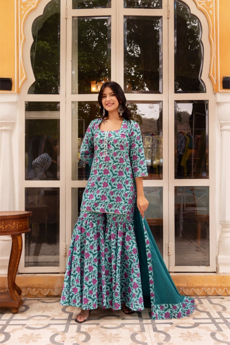 SUNHARI HAND BLOCK PRINT COTTON SHARARA SET WITH COTTON DUPATTA - Pomcha Jaipur