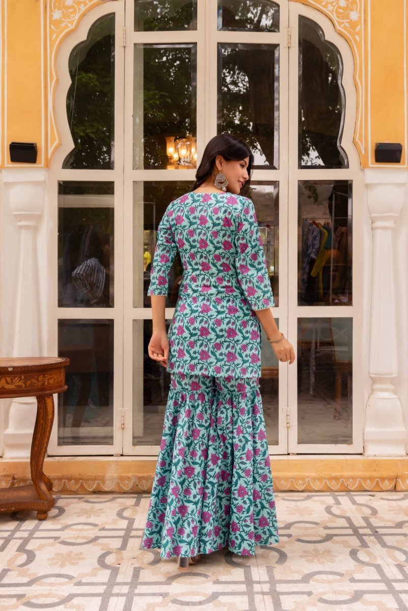 SUNHARI HAND BLOCK PRINT COTTON SHARARA SET WITH COTTON DUPATTA - Pomcha Jaipur