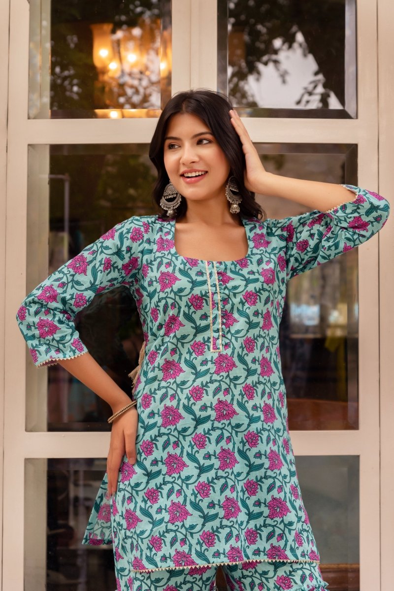 SUNHARI HAND BLOCK PRINT COTTON SHARARA SET WITH COTTON DUPATTA - Pomcha Jaipur
