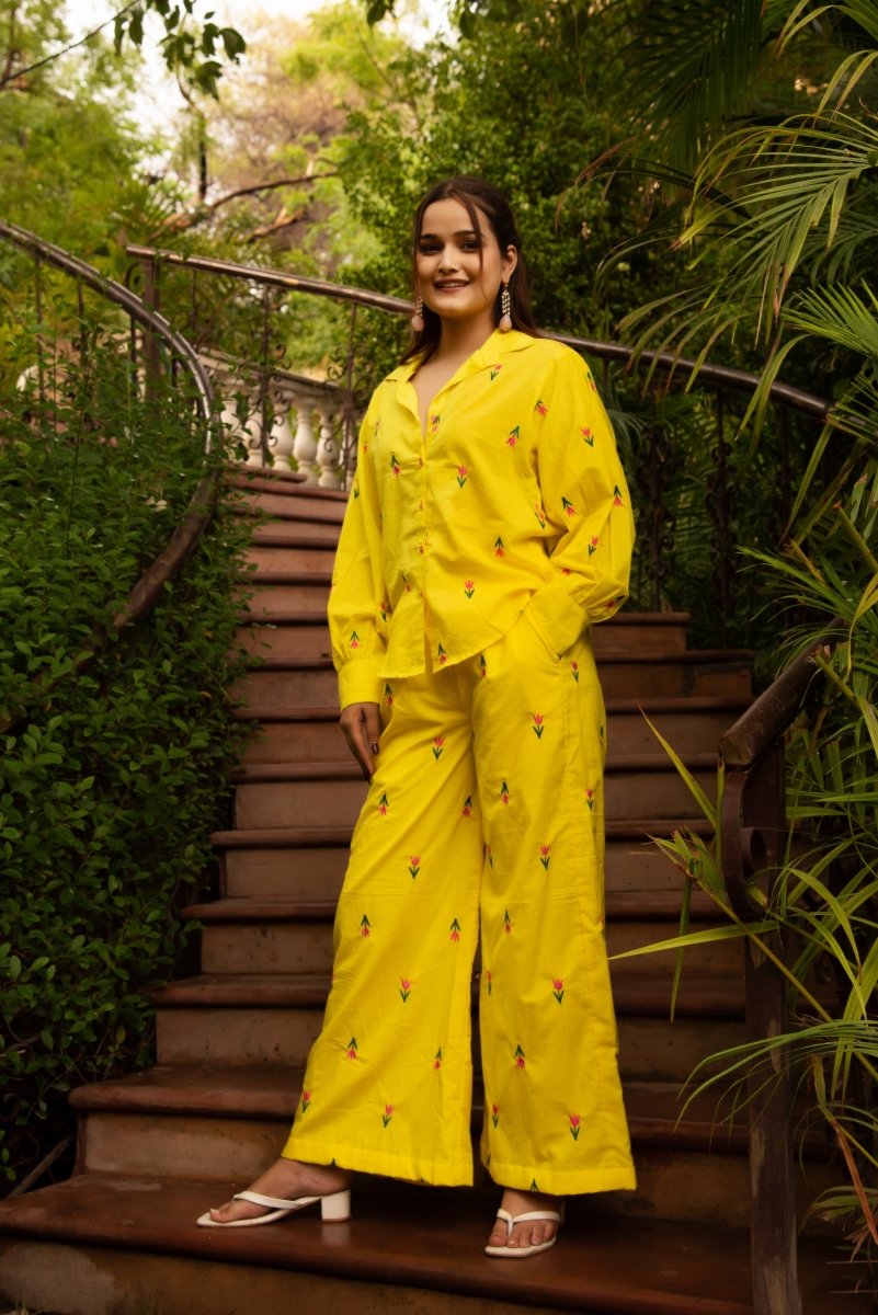 SUNHARI IRA YELLOW COTTON EMBROIDERY CO - ORD SET - Pomcha Jaipur