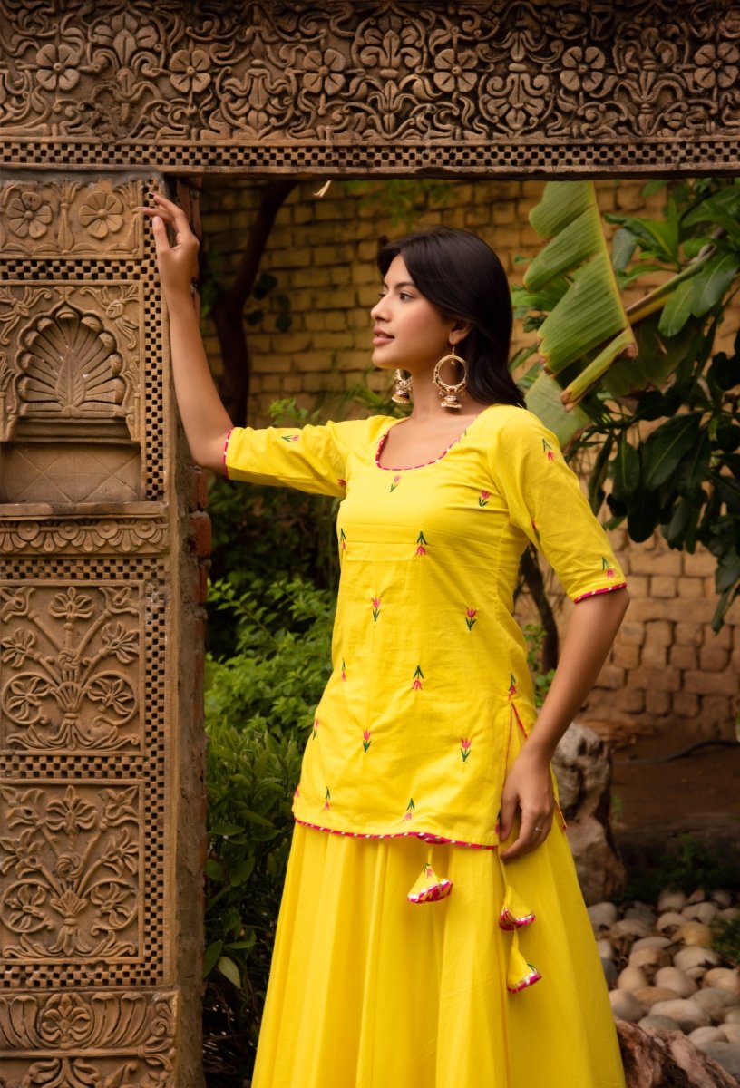 SUNHARI IRA YELLOW COTTON EMBROIDERY SKIRT SET WITH EMBROIDERED ORGANZA DUPATTA - Pomcha Jaipur