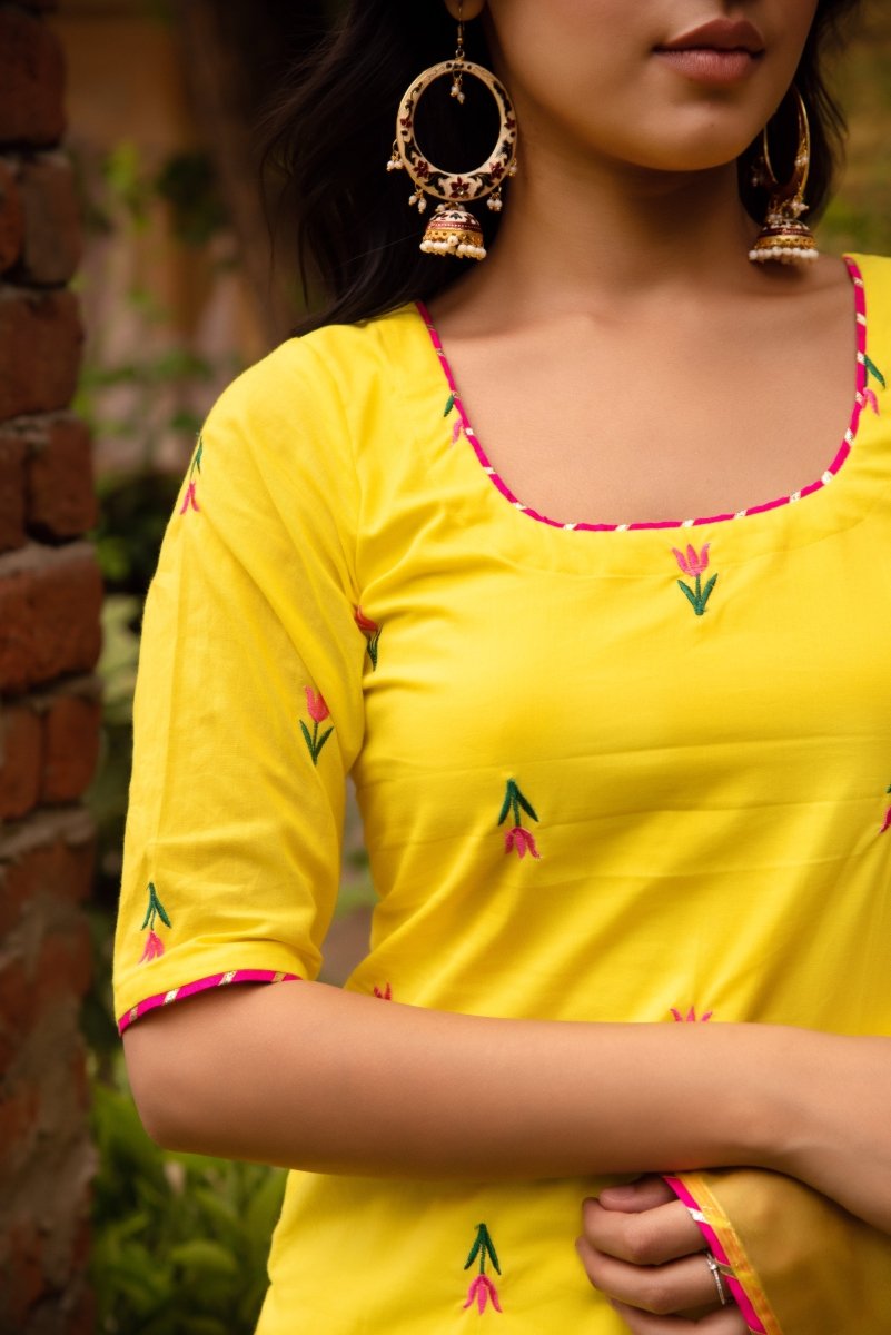 SUNHARI IRA YELLOW COTTON EMBROIDERY SKIRT SET WITH EMBROIDERED ORGANZA DUPATTA - Pomcha Jaipur