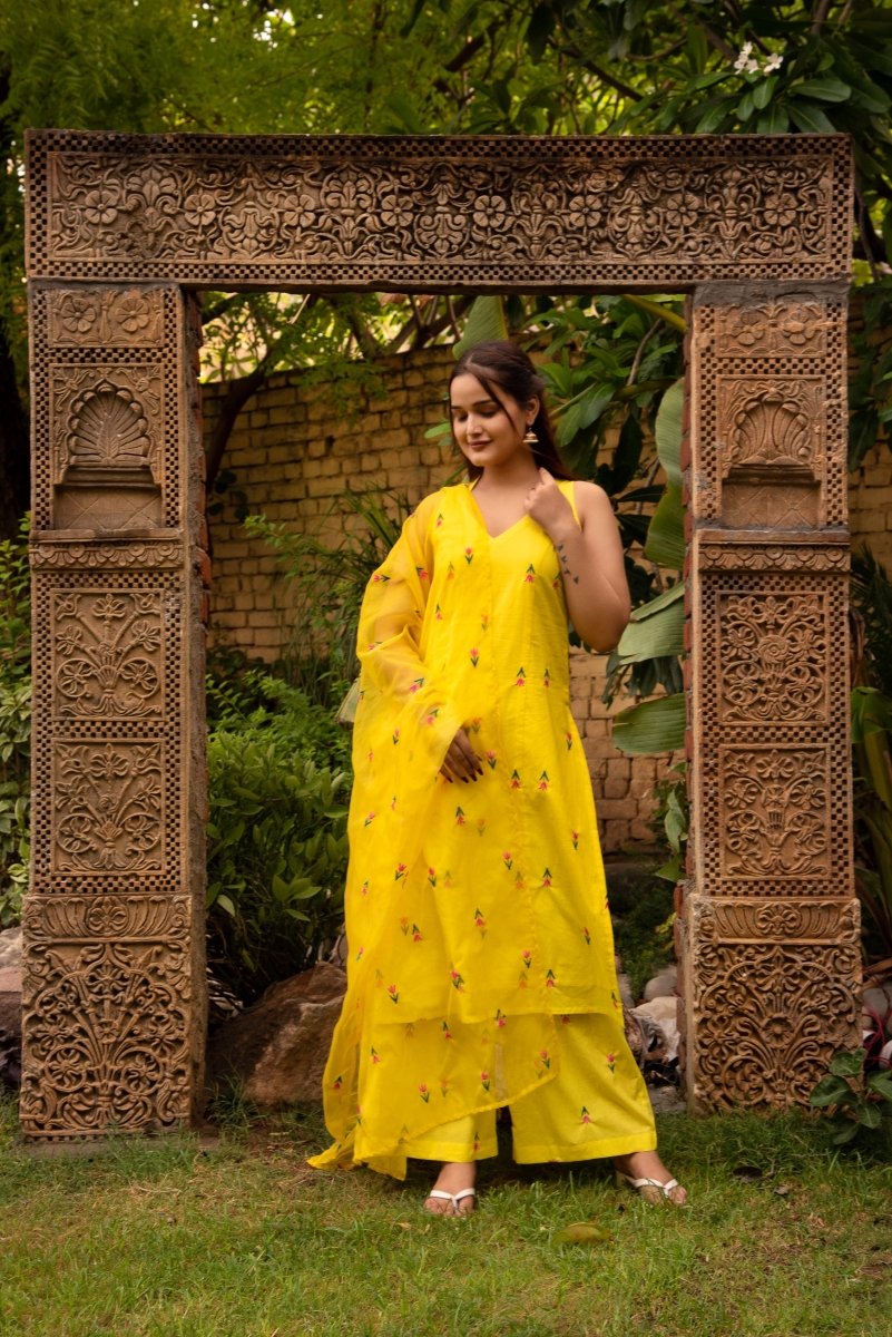 SUNHARI IRA YELLOW COTTON EMBROIDERY SUIT SET WITH EMBROIDED ORGANZA DUPATTA - Pomcha Jaipur
