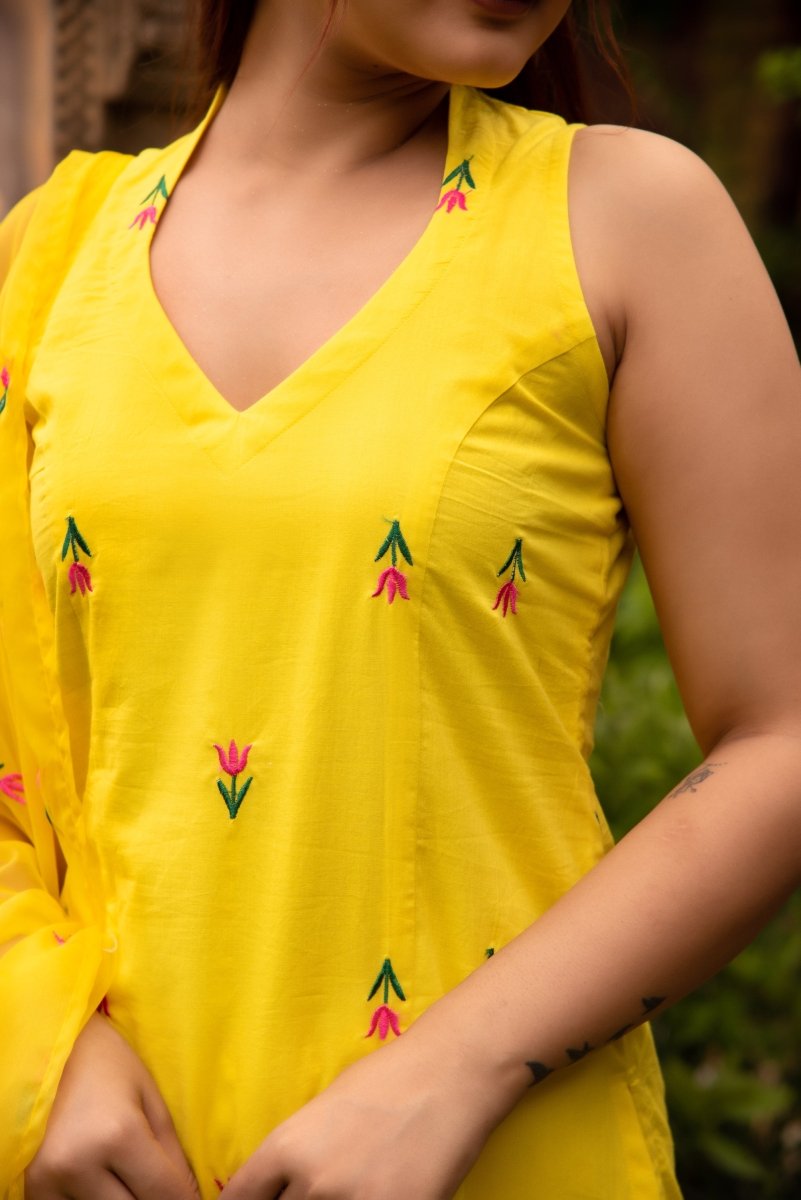 SUNHARI IRA YELLOW COTTON EMBROIDERY SUIT SET WITH EMBROIDED ORGANZA DUPATTA - Pomcha Jaipur