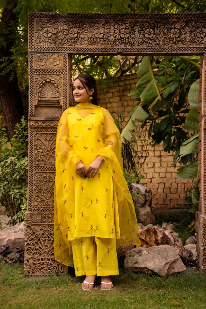 SUNHARI IRA YELLOW COTTON EMBROIDERY SUIT SET WITH EMBROIDED ORGANZA DUPATTA - Pomcha Jaipur