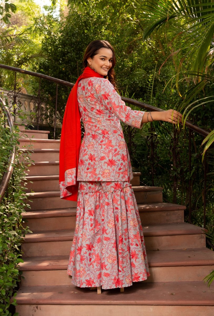 SUNHARI KAMINI HAND BLOCK PRINT COTTON SHARARA SET WITH COTTON DUPATTA - Pomcha Jaipur