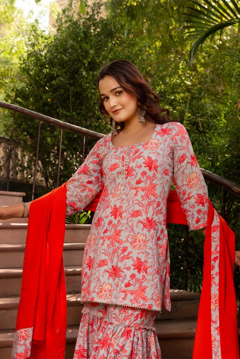 SUNHARI KAMINI HAND BLOCK PRINT COTTON SHARARA SET WITH COTTON DUPATTA - Pomcha Jaipur