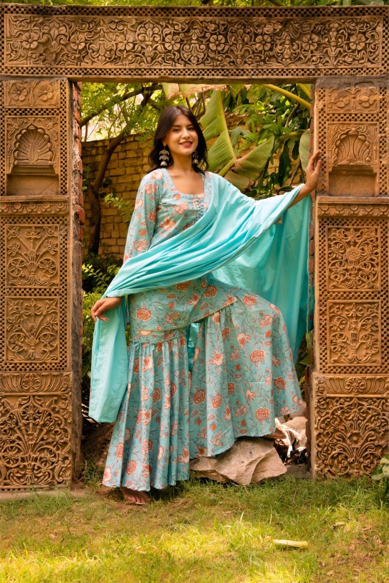 SUNHARI LIGHT BLUE COTTON HAND BLOCK PRINT SHARARA SET WITH COTTON DUPATTA - Pomcha Jaipur